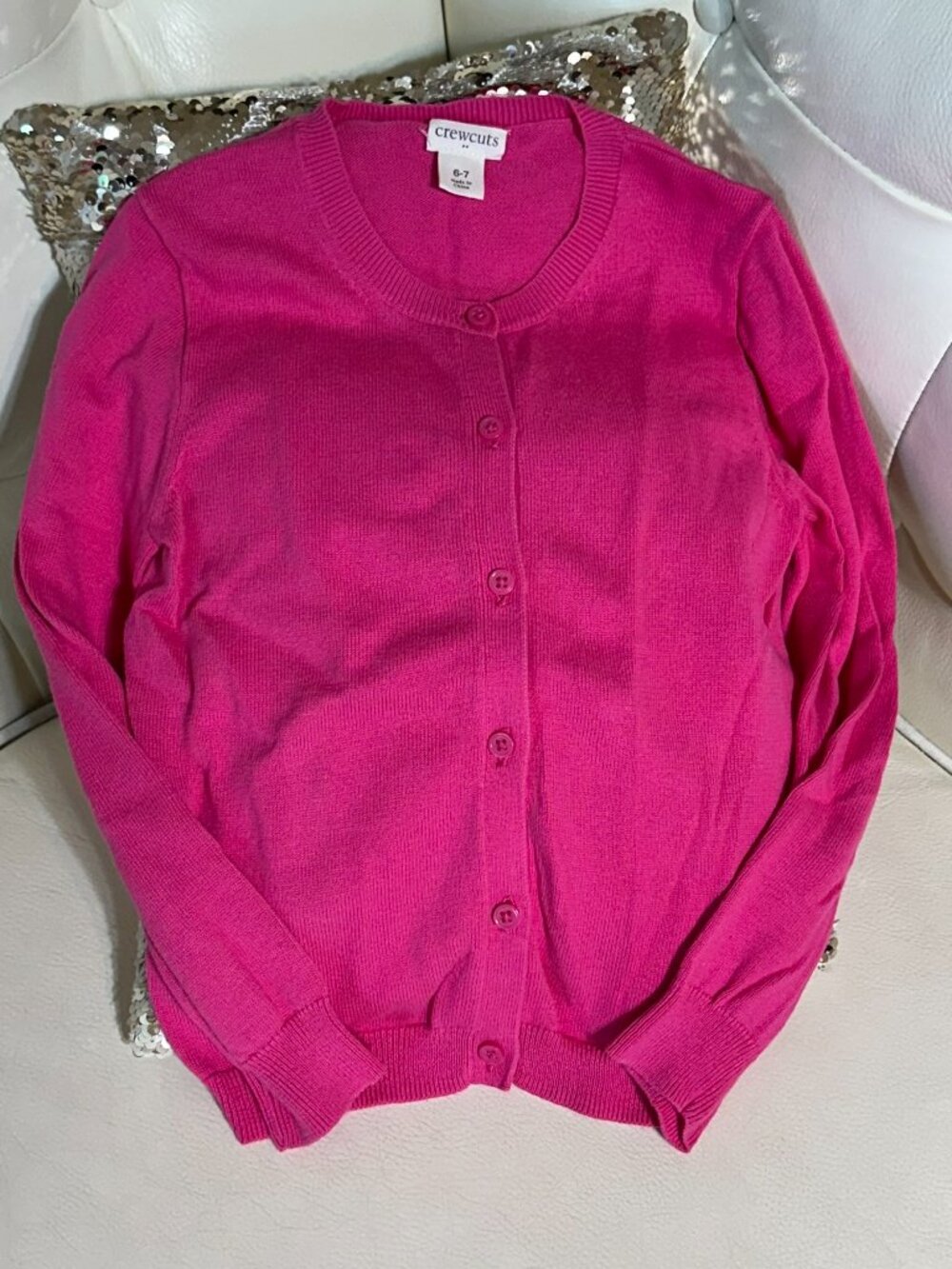 Crewcuts J Crew Girls Cardigan Sweater Crewneck Size 6-7 Barbiecore Hot Pink